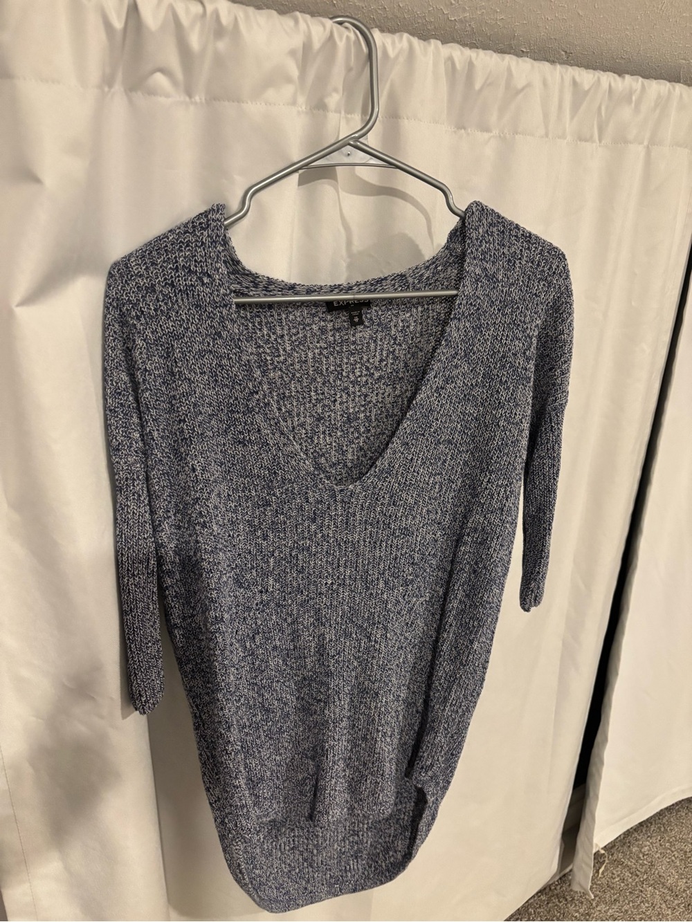 Express Heathered Navy-Blue V-Neck Knit Sweater